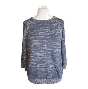 Massimo Dutti Navy & White Marled 3/4 Sleeve Split Back Crewneck‎ Sweater Size M